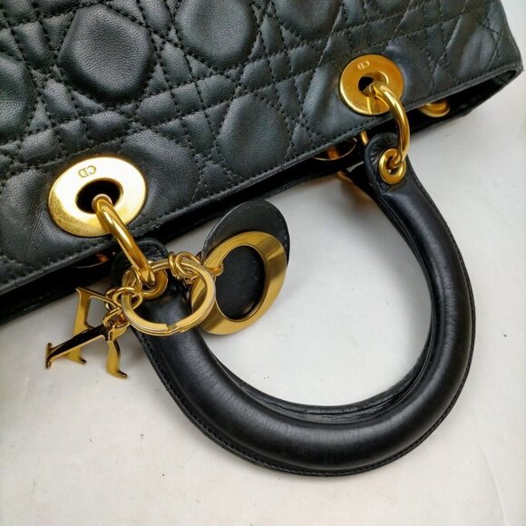 Christian Dior Lady Hand Bag Black Leather